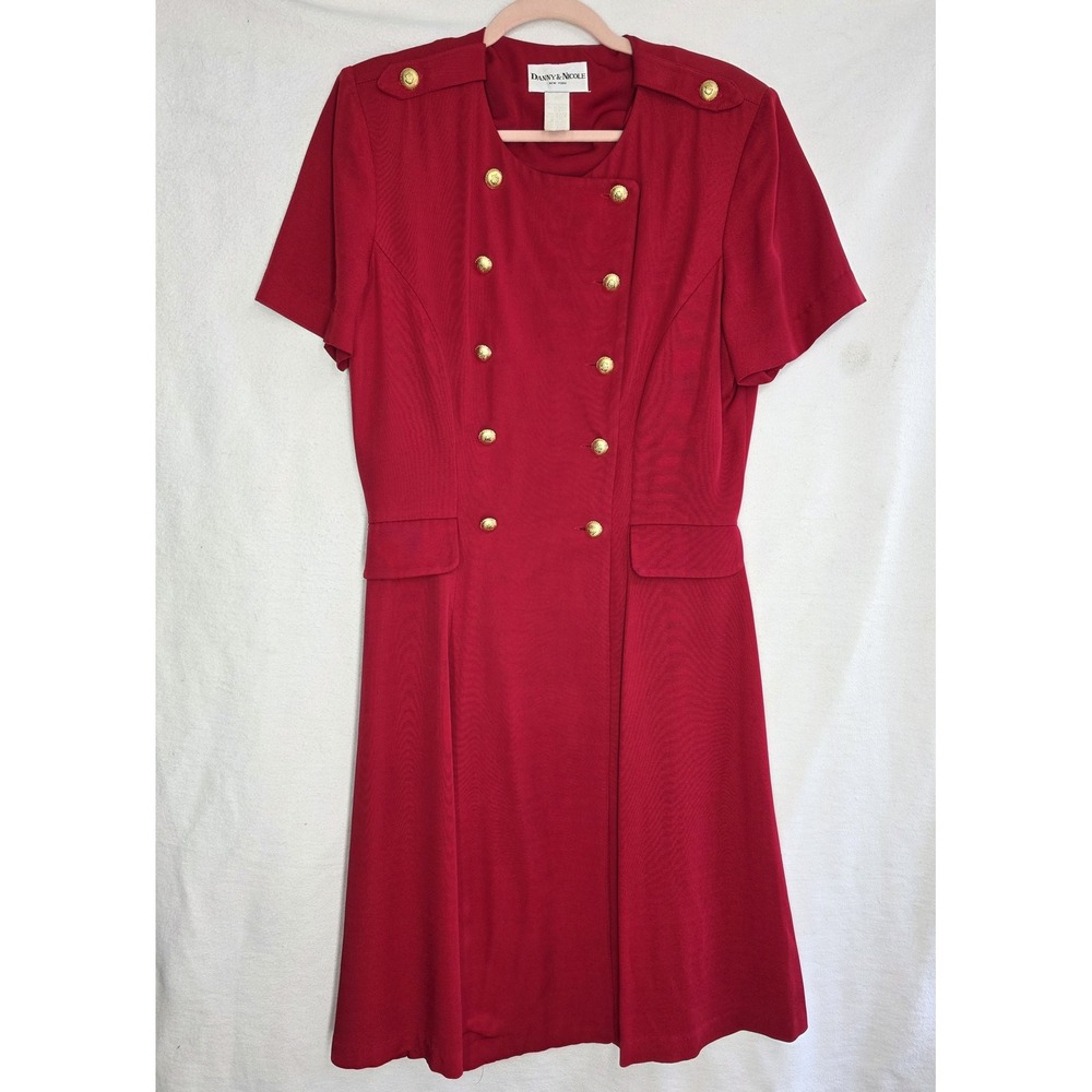 Vintage Danny & Nicole Dress Womens Medium Red Gold Button Short‎ Sleeve 90s Mod